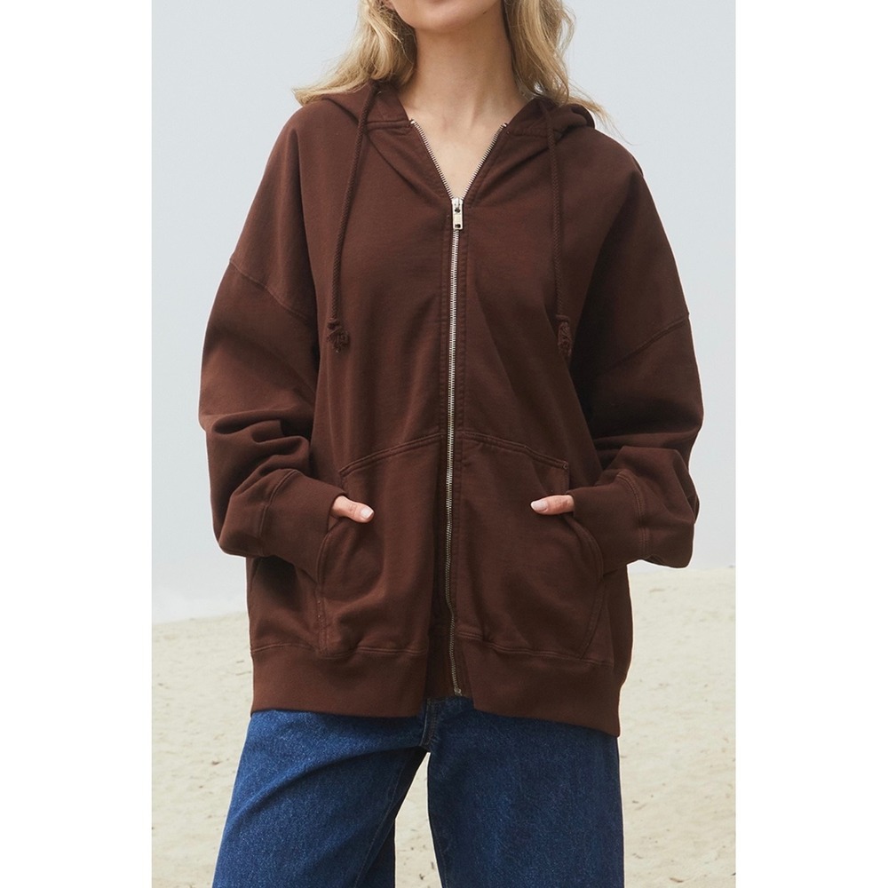 John Galt by Brandy Melville Brown Christy Full Zip Oversized Hoodie, One Size